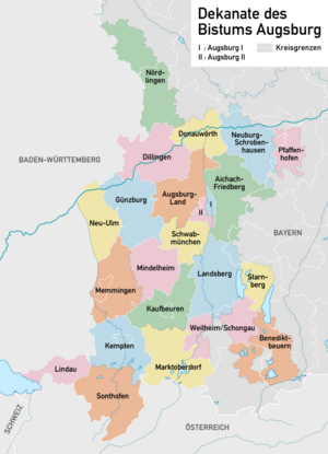 Karte des Bistums Augsburg und seiner Dekanate