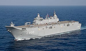 Turkish Navy amphibious assault ship TCG Anadolu (L400) steams in the Mediterranean Sea