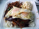 Loco moco, with macaroni salad and boiled soba noodles