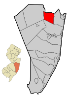 Map of Lakewood Township in Ocean County. Inset: Location of Ocean County highlighted in the State of New Jersey.