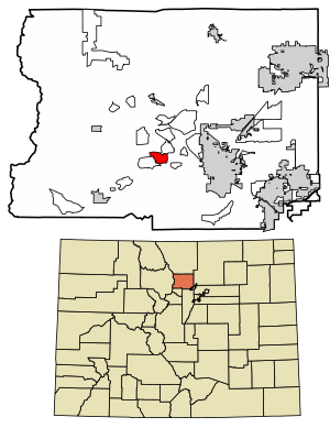 Location of the Mountain Meadows CDP in Boulder County, Colorado.