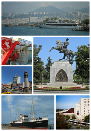 Clockwise from top right: Samsunum-1 ship and coast, Statue of Honor, Atatürk Culture Centre, Bandırma Ferry and National Struggle Park Open Air Museum, Saathane Square, Store 55