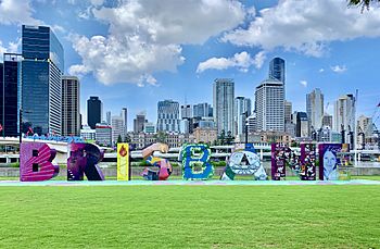 Brisbane Sign and Skyline of Brisbane CBD, Queensland in Feb 2020