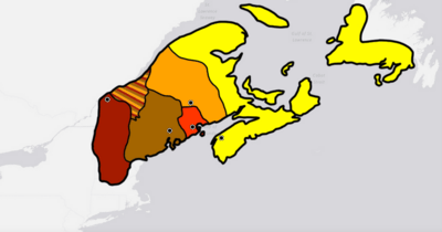 Yellow – Miꞌkmaꞌki, Orange – Wolastokuk, Red – Peskotomuhkatik, Brown – Pαnawαhpskewahki, Cayenne – Ndakinna  The dots are the listed capitals, being political centers in Wabanaki.  The mixed region is territory outside of the historic ranges of the five tribes. It was acquired from the St.Lawrence Iroquois between 1541–1608 with Abenaki peoples having moved in by the time Samuel de Champlain came to the region establishing Quebec City.