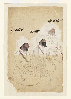 Painting of three seated Sikh sardars, Nahar Singh, Karam Singh, and Lehna Singh, circa late 18th century