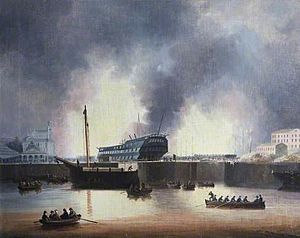 Dockyard Fire, 1840, by Thomas Lyde Hornbrook LLR NELMS A 141-001