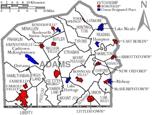 Map of Adams County Pennsylvania With Municipal and Township Labels