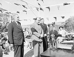 Official launch of the Snowy Mountains Hydro project at Adaminaby in 1949