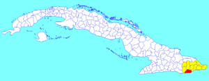 Caimanera municipality (red) within  Guantánamo Province (yellow) and Cuba