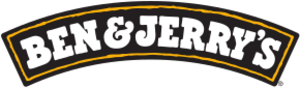 A black crescent with a thin interior orange border, followed by the text "Ben & Jerry's".