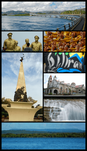 Clockwise from top: San Juanico BridgePintados FestivalBiliran shirtSts. Peter and Paul Cathedral in Calbayog CityBlanca Aurora falls in San JorgeMesa de PalapagThe Obelisk,MacArthur park in Palo, Leyte