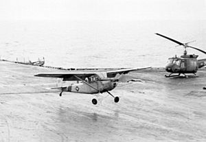 Major Buang lands his Cessna O-1 on USS Midway