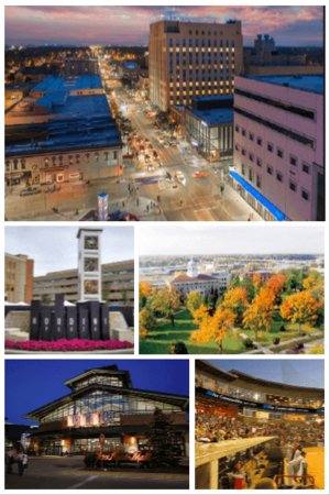 Clockwise from top: Downtown Appleton Skyline, Main Hall (Lawrence University), Neuroscience Group Field at Fox Cities Stadium, Fox River Mall, Houdini Plaza