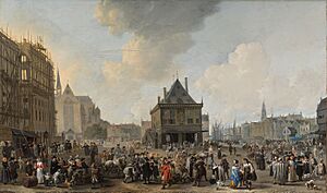 SA 3044-De Dam, gezien naar het Noorden, met het Stadhuis in aanbouw-De Dam, met vismarkt