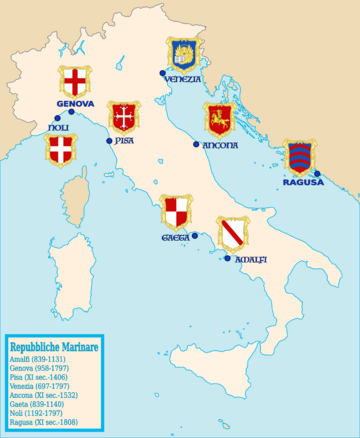 Mappa delle Repubbliche marinare italiane con stemmi civici