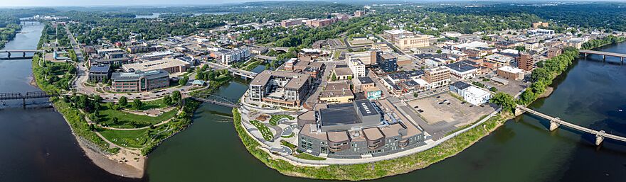 Eau Claire, Wisconsin downtown. Confluence of the Chippewa River and Eau Claire River