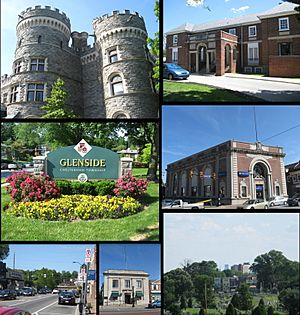 From top left: Grey Towers Castle, Glenside Welcome Sign at Limekiln Pike & Easton Road, Downtown Glenside, Glenside Trust Company Building, Philadelphia Skyline, former Glenside National Bank building, Glenside Memorial Hall