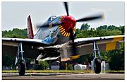 A single nosed-propeller plane is on the ground on its wheels with the propeller in motion.  The plane is viewed from the front, but the red nose faces slightly to the right.  The plane has black propellers.  Parts of the wings and propellers are crpped from view.