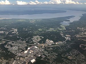 Aerial view of Garrisonville (foreground) and Aquia Harbour (center) with Aquia Creek and the Potomac River in the background