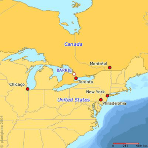 Barrie in relation to North America