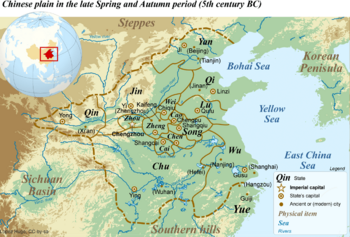 Map of the Chinese plain in the 5th century BC. The state of Yue is located in the southeast corner.