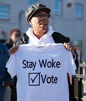 Marcia Fudge with Stay Woke Vote t-shirt in 2018