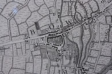 Bow as shown on John Rocque's map of London, 1747