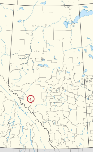 A map of the province of Alberta showing 80 counties and 145 small Indian reserves. One is highlighted with a red circle.