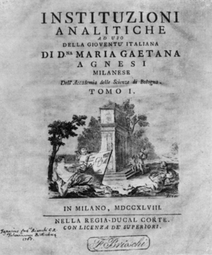 Il frontispizio delle Instituzioni analitiche dell' Agnesi