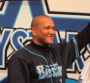 Alexander Ramon Ramirez, outfielder of the Yokohama BayStars, at Queen's Square Yokohama