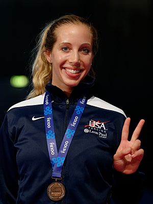 Mariel Zagunis podium 2013 Fencing WCH SFS-EQ t215255.jpg