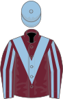 Claret, light blue chevron, striped sleeves, light blue cap