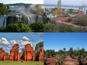 Clockwise from top: Iguazú Falls (Iguazú National Park), Posadas, Guaraní Jesuit Mission of San Ignacio Miní, Yerba Mate plantation.