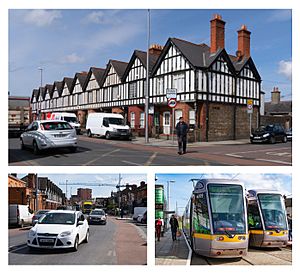 Clockwise from top: Tudor Revival terraced houses in Rialto; Rialto's Luas tram station; looking southeast from Rialto