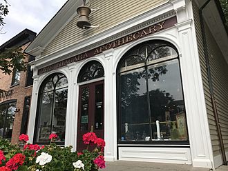 A cloudy sky is visible in the top left, behind the gable of a roof at the front of which is mounted a large, bronze, ornamental mortar and pestle over a clapboard siding. Below the gable is a narrow masthead reading "Niagara Apothecary" in gold lettering contrasted by a dark red background. Below that are two large arch windows flanking a French door. To the left is a portion of a brick building, and at bottom left are flowers.