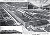 Aerial photograph of extensive building complex, with inset photographs of a ground-level view of a building and the interior of a large warehouse.