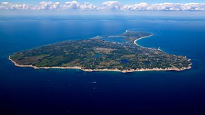 Block Island looking North over Block Island Sound; the coast of Rhode Island is seen in the distance