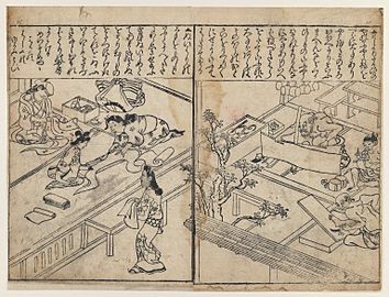 Brooklyn Museum - Women Dressmaking (left) and Artesans at Work (right) - Hishikawa Moronobu