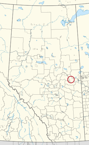 A map of the province of Alberta showing 80 counties and 145 small Indian reserves. One is highlighted with a red circle.