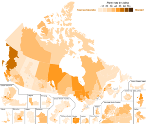 Canadian federal election, 2015 results by riding - New Democratic Party strength