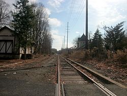 The former station depot of the Erie Railroad's Northern Branch as seen from the crossing of County Route 502 (High Street) in Closter