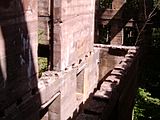 View of a ruined building with trees growing through and floors missing.