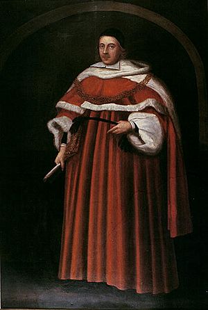 A Portrait of Matthew Hale.  He stands in a full-length brown judge's robe with a black cap on his head.  In his right hand, he holds a paintbrush.