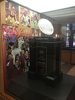 The 2013 College Football National Championship Trophy display at the Moore Athletic Center