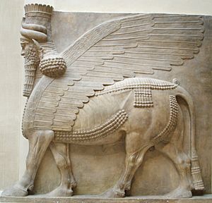 Human headed winged bull profile