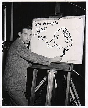 Hample drawing in 1948. The photo was retouched to include the cartoon image of himself at a later date.