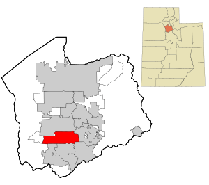 Two maps.  The first map is a map of Utah with a colored in section in the middle representing where Salt Lake County is located.  Second map is a map of Salt Lake County has a colored in section in the southwest showing where South Jordan is located.