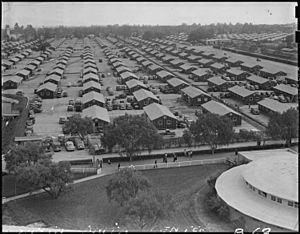 Santa Anita Assembly Center, Arcadia, California. A panoramic view of the Santa Anita assembly cent . . . - NARA - 536812