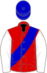 Red, blue sash, white sleeves, blue cap