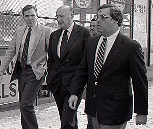 City Councilor Thomas Menino with Mayor Raymond Flynn and New York Mayor Ed Koch in Roslindale (15053348504) (1)